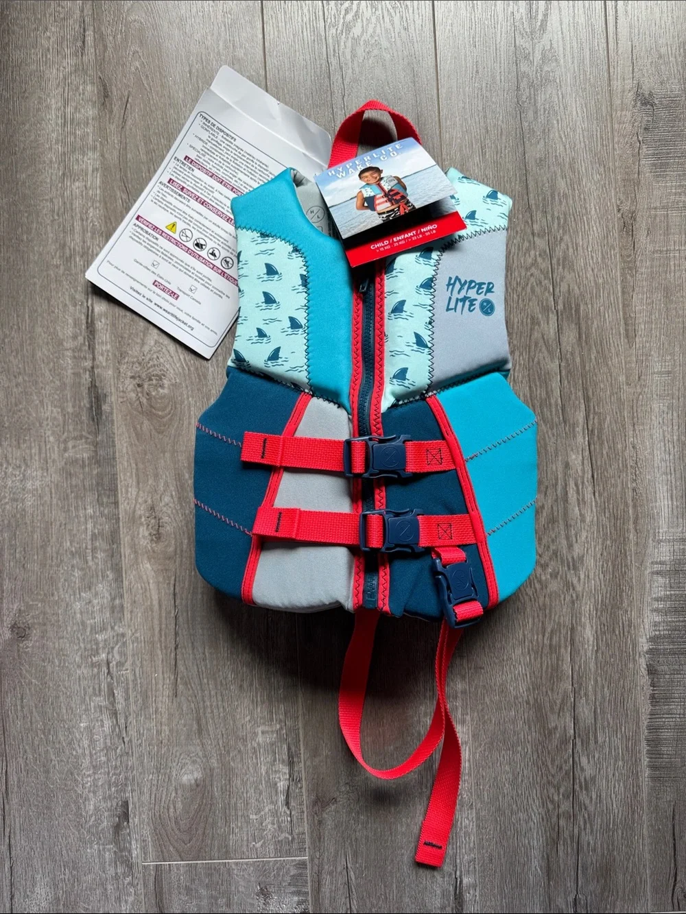 Hyperlite Child Life Vest - Kids Blue & Teal Life Jacket with Orange Accents